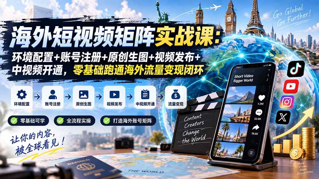 （20470期）海外短视频矩阵实战课：环境配置+账号注册+原创生图+视频发布+中视频开通，零基础跑通海外流量变现闭环-泰戈创艺资源库