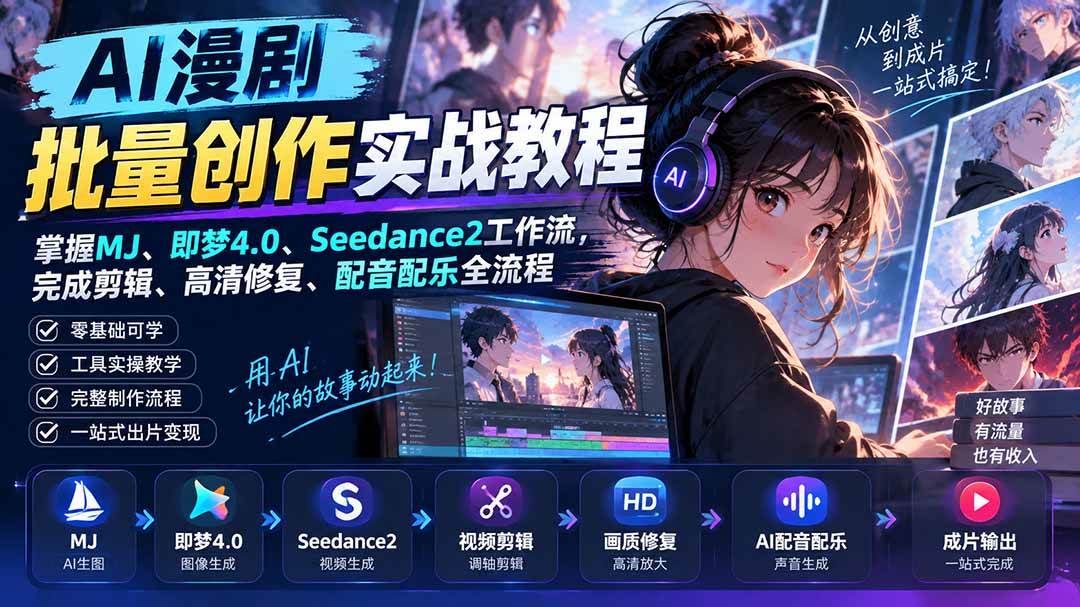 (20488期)AI漫剧批量创作实战教程:掌握MJ、即梦4.0、Seedance2工作流,完成剪辑、高清修复、配音配乐全流程-泰戈创艺资源库
