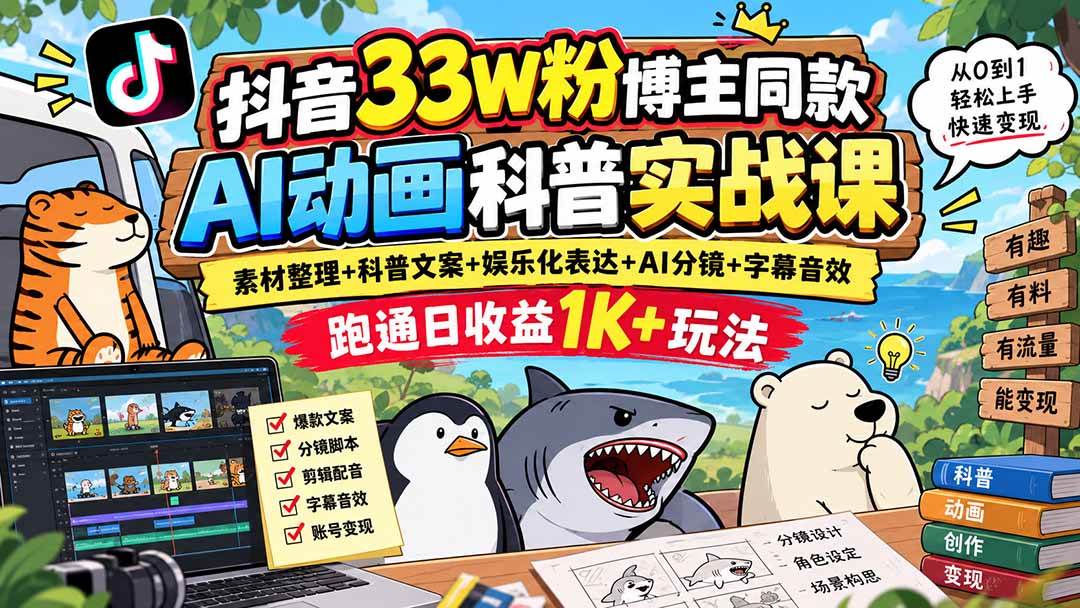 (20510期)抖音33W粉博主同款AI动画科普实战课|素材整理+科普文案+娱乐化表达+AI分镜+字幕音效,跑通日收益1K+玩法-泰戈创艺资源库
