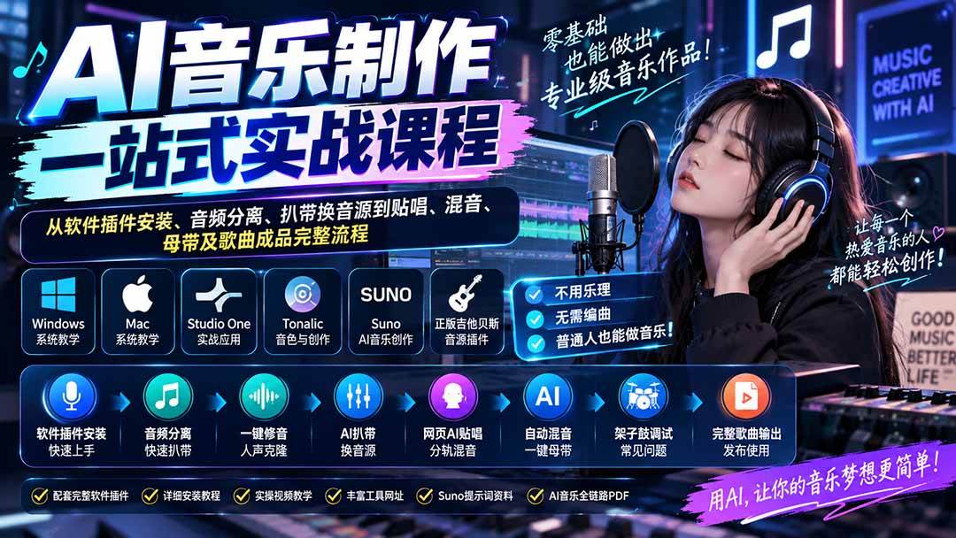 (20490期)AI音乐制作一站式实战课程:从软件插件安装、音频分离、扒带换音源到贴唱、混音、母带及歌曲成品完整流程-泰戈创艺资源库