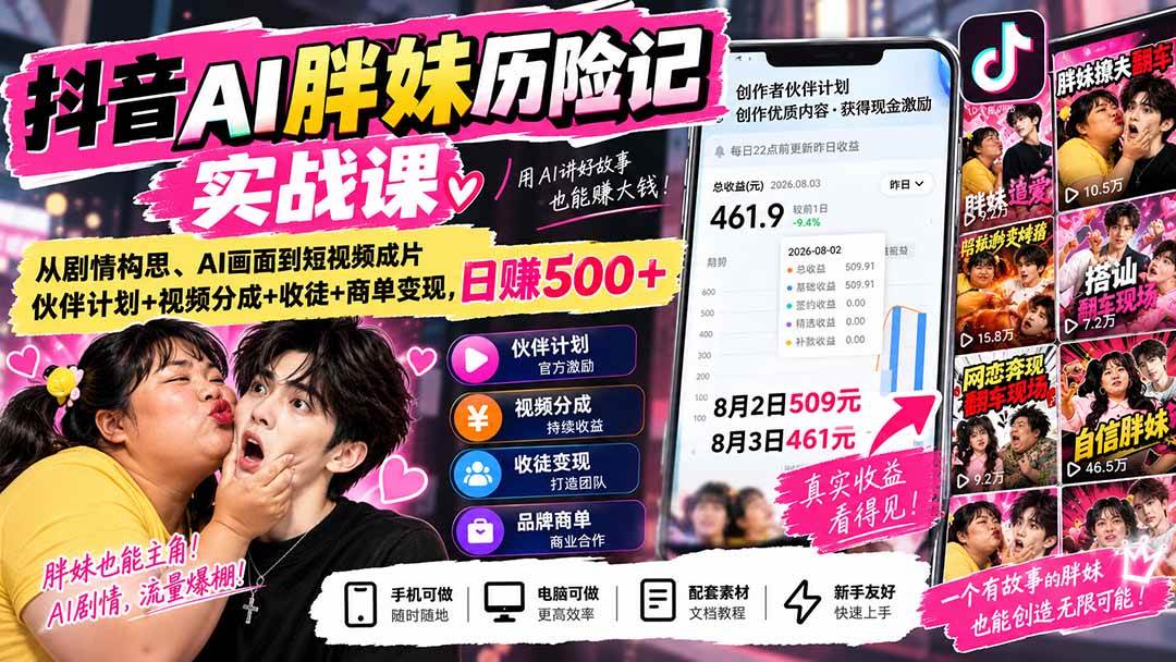 (20489期)抖音AI胖妹历险记实战课:从剧情构思、AI画面到短视频成片,伙伴计划+视频分成+收徒+商单变现,日赚500+-泰戈创艺资源库