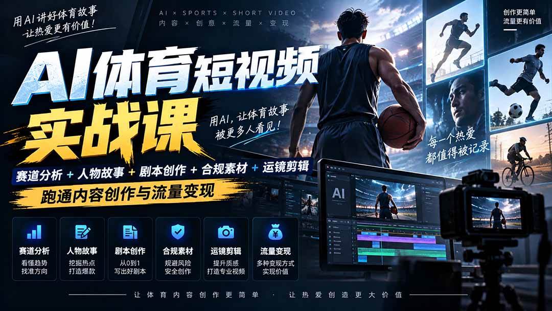 (20515期)AI体育短视频赛道顶级玩法|赛道分析+人物故事+剧本创作+版权处理+运镜剪辑,跑通流量变现-日赚1K+-泰戈创艺资源库