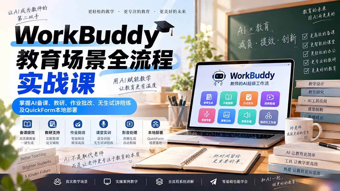 (20518期)WorkBuddy教育场景全流程实战课:掌握AI备课、教研、作业批改、无生试讲陪练及QuickForm本地部署-泰戈创艺资源库