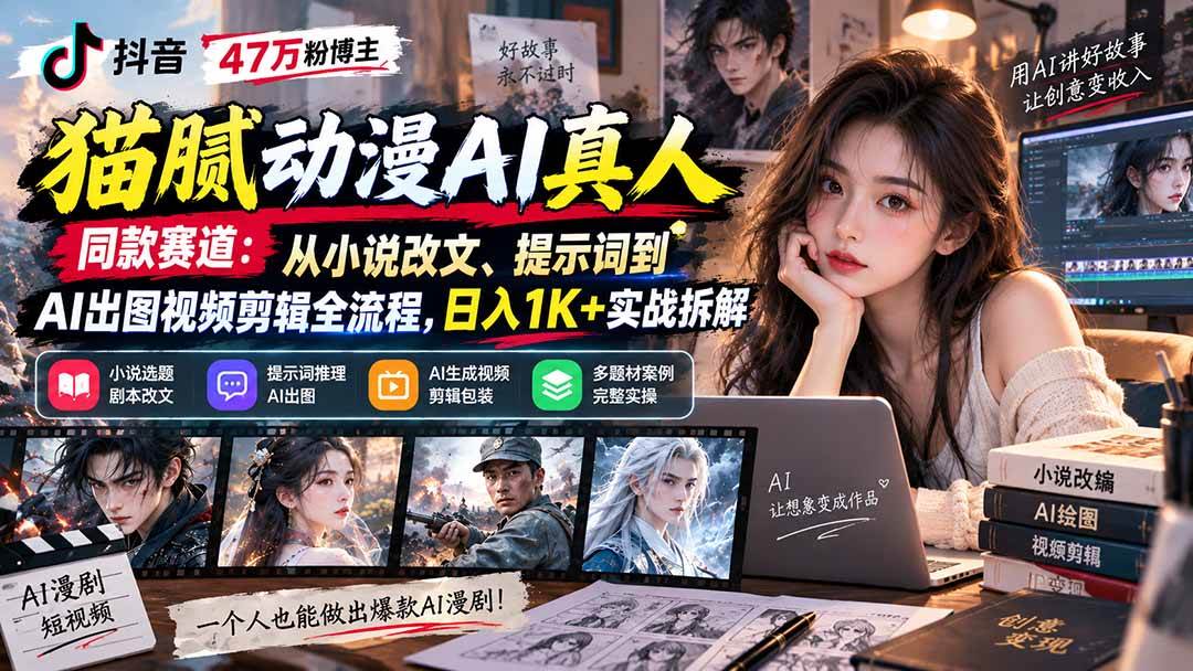 (20524期)抖音47万粉博主猫腻动漫AI真人同款赛道:从小说改文、提示词到AI出图视频剪辑全流程,日入1K+实战拆解-泰戈创艺资源库
