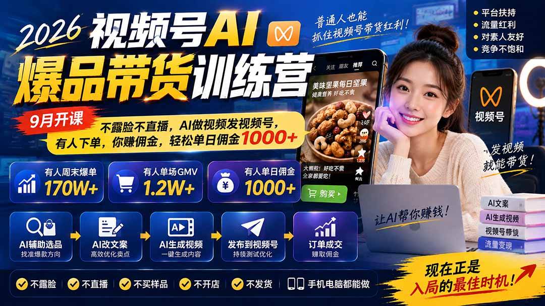 (20537期)2026视频号AI爆品带货训练营-9月开课|不露脸不直播,AI做视频发视频号,有人下单,你赚佣金,轻松单日佣金1000+-泰戈创艺资源库