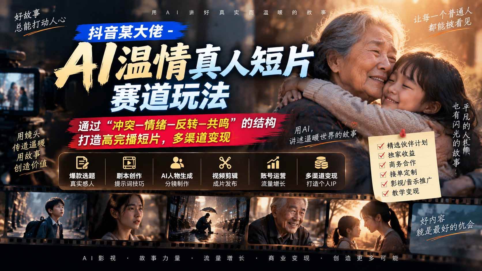 (20538期)抖音某大佬-AI温情真人短片赛道玩法:通过“冲突—情绪—反转—共鸣”的结构打造高完播短片,多渠道变现-泰戈创艺资源库