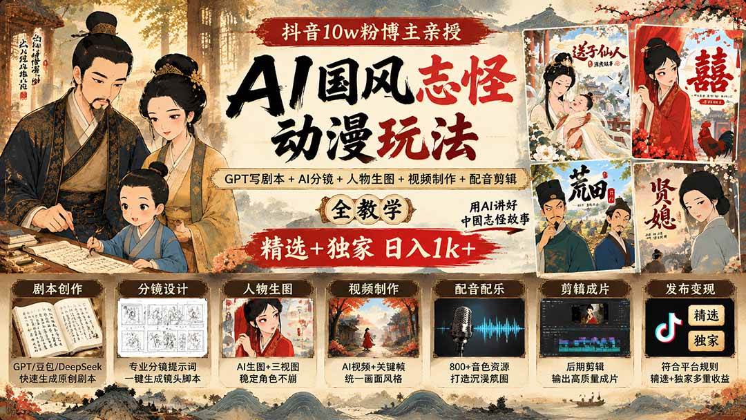 (20538期)抖音10w粉博主亲授AI国风志怪动漫玩法|GPT写剧本+AI分镜+人物生图+视频制作+配音剪辑全教学|精选+独家日入1k+-泰戈创艺资源库