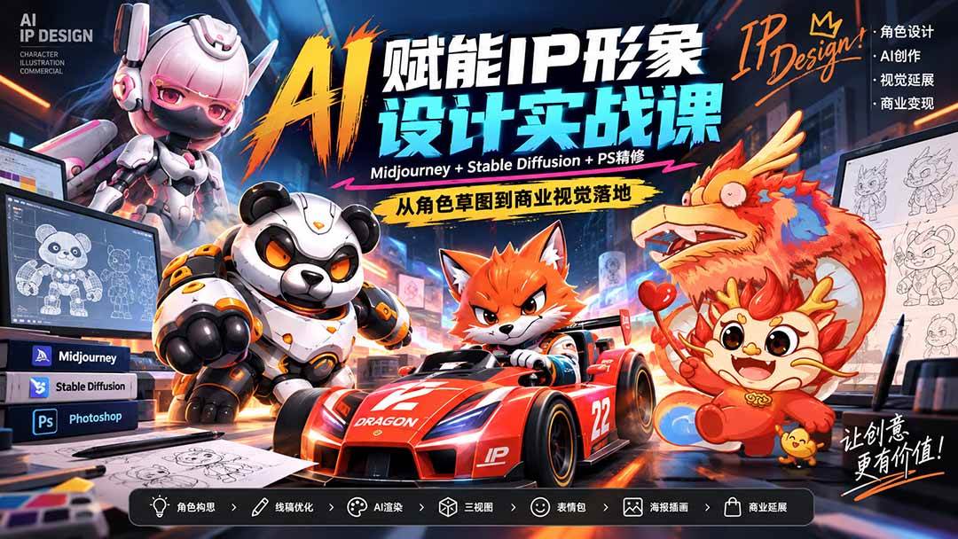(20552期)AI赋能IP形象设计实战课-无水印:Midjourney+Stable Diffusion+PS精修,从角色草图到商业视觉落地-泰戈创艺资源库
