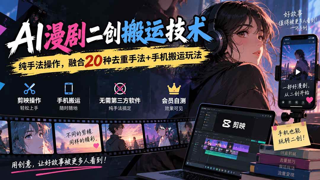 (20551期)AI漫剧二创搬运技术,纯手法操作,融合20种去重手法++手机搬运玩法-泰戈创艺资源库