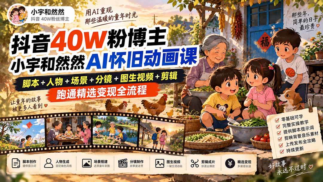 (20549期)抖音40W粉博主小宇和然然AI怀旧动画课|脚本+人物+场景+分镜+图生视频+剪辑,跑通精选变现全流程-泰戈创艺资源库