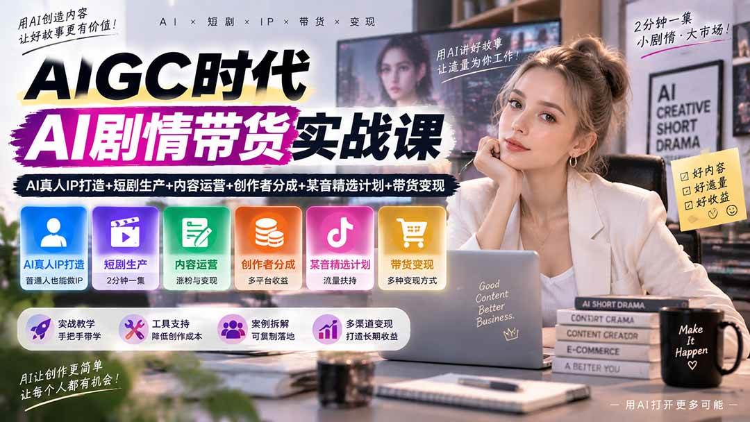 (20567期)AIGC时代AI剧情带货实战课|AI真人IP打造+短剧生产+内容运营+创作者分成、某音精选计划+带货变现-泰戈创艺资源库