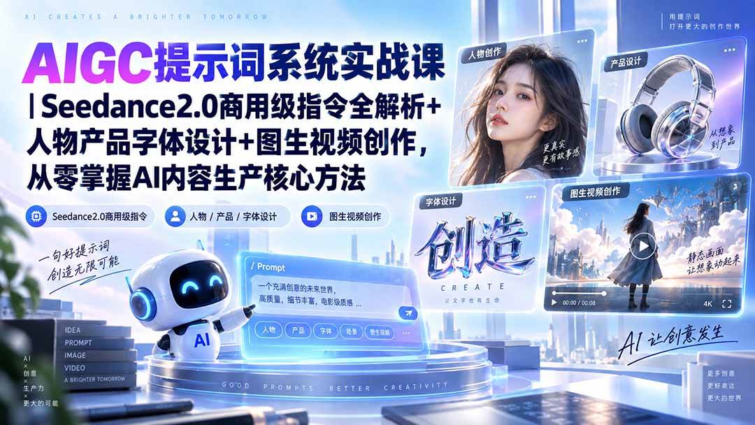 (20559期)AIGC提示词系统实战课-无水印|Seedance2.0商用级指令全解析+人物产品字体设计+图生视频创作,掌握AI内容生产方法-泰戈创艺资源库