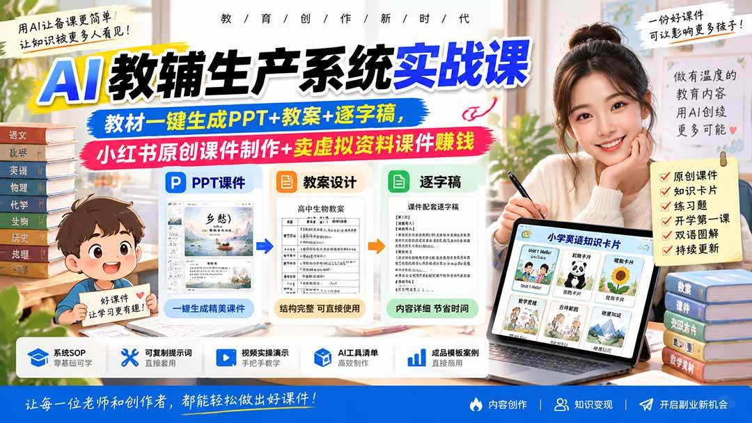 (20583期)AI教辅生产系统实战课-更新0922|教材一键生成PPT+教案+逐字稿,小红书原创课件制作+卖虚拟资料课件赚钱-泰戈创艺资源库