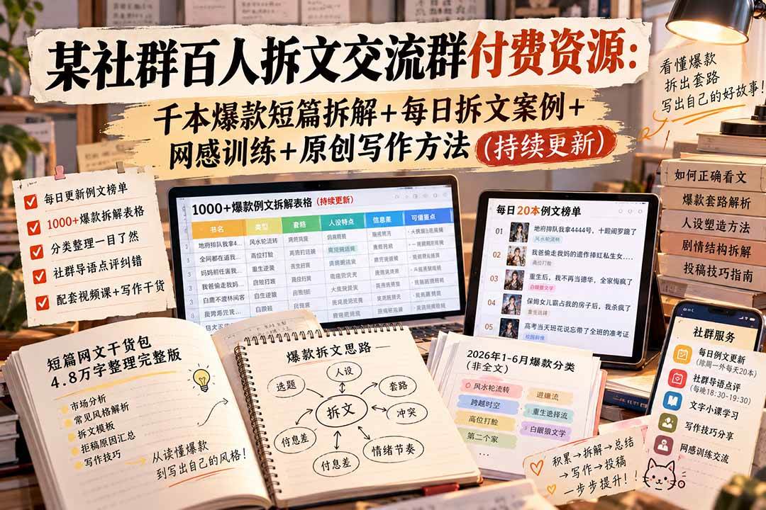 (20635期)某社群百人拆文交流群付费资源:千本爆款短篇拆解+每日拆文案例+网感训练+原创写作方法 (持续更新)-泰戈创艺资源库