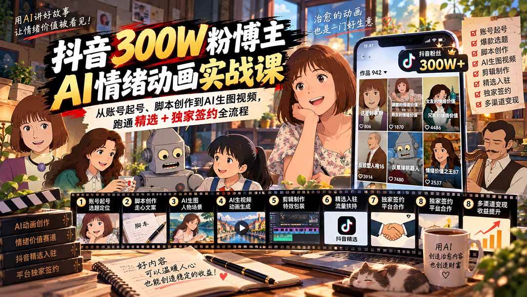 (20616期)抖音300W粉博主AI情绪动画实战课:从账号起号、脚本创作到AI生图视频,跑通精选+独家签约全流程-泰戈创艺资源库