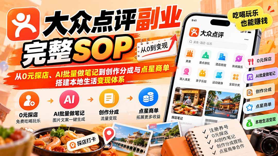 （20638期）【无水印】大众点评副业完整SOP：从0元探店、AI批量做笔记到创作分成与点星商单，搭建本地生活变现体系-泰戈创艺资源库