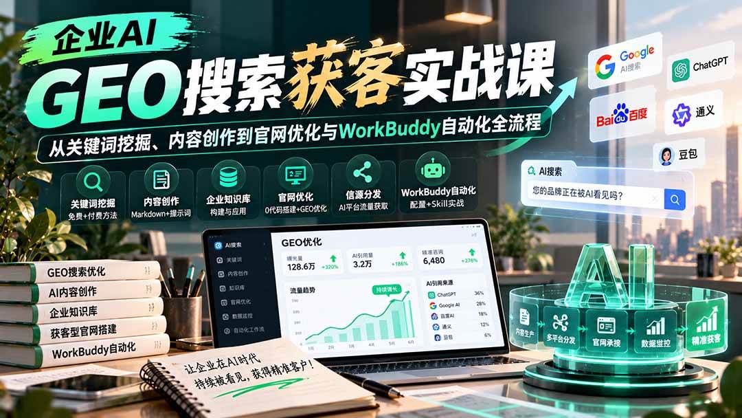 (20643期)企业AI GEO搜索获客实战课:从关键词挖掘、内容创作到官网优化与WorkBuddy自动化全流程-泰戈创艺资源库