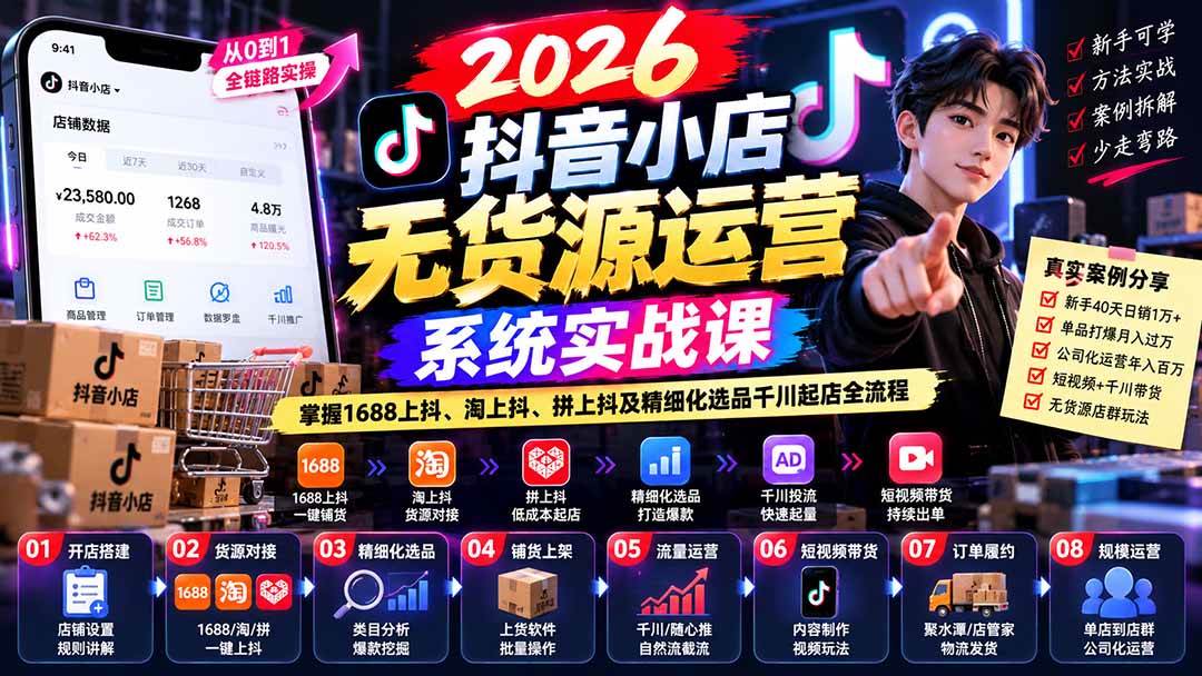 (20659期)2026抖音小店无货源运营系统实战课:掌握1688上抖、淘上抖、拼上抖及精细化选品千川起店全流程-泰戈创艺资源库