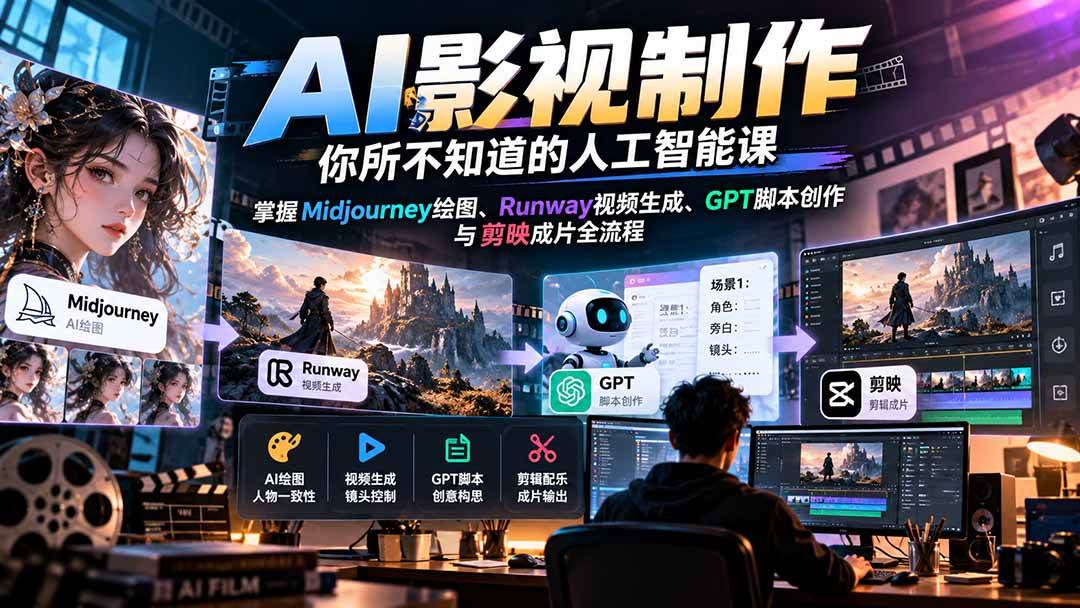 (20681期)AI影视制作-你所不知道的人工智能课,掌握Midjourney绘图、Runway视频生成、GPT脚本创作与剪映成片全流程-泰戈创艺资源库