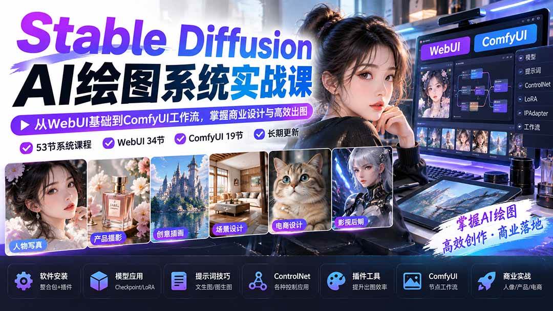 (20678期)Stable Diffusion AI绘图系统实战课:从WebUI基础到ComfyUI工作流,掌握商业设计与高效出图-泰戈创艺资源库