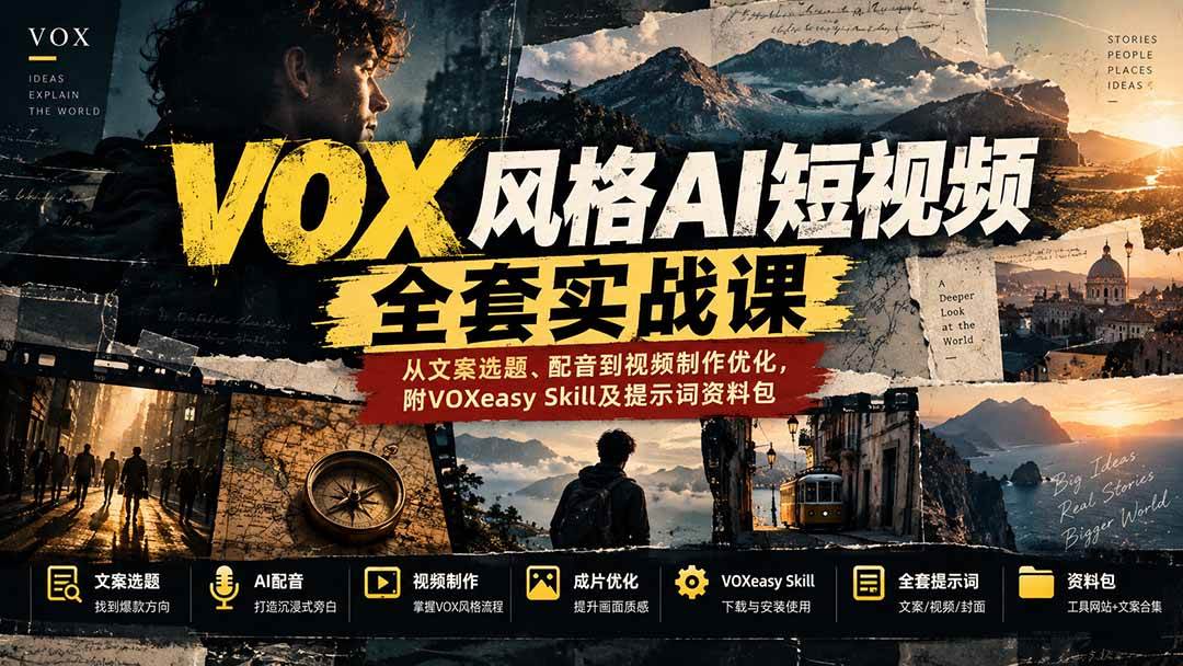 (20677期)【无水印】VOX风格AI短视频全套实战课:从文案选题、配音到视频制作优化,附VOXeasy Skill及提示词资料包-泰戈创艺资源库