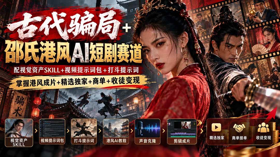 (20684期)古代骗局+邵氏港风AI短剧赛道:配视觉资产SKILL+视频提示词包+打斗提示词,掌握港风成片+精选独家+商单+收徒变现-泰戈创艺资源库