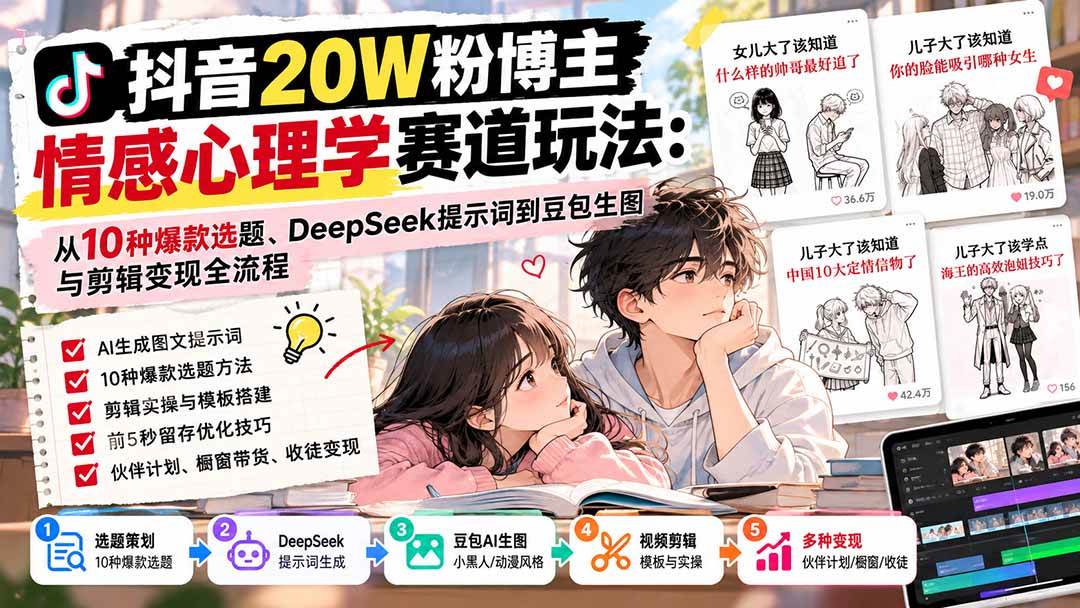(20688期)抖音20W粉博主-情感心理学赛道玩法:从10种爆款选题、DeepSeek提示词到豆包生图与剪辑变现全流程-泰戈创艺资源库
