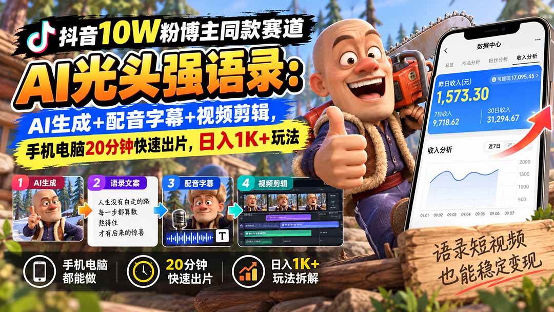 (20687期)【无水印】抖音10W粉博主同款赛道AI光头强语录:AI生成+配音字幕+视频剪辑,手机电脑20分钟快速出片,日入1K+玩法-泰戈创艺资源库