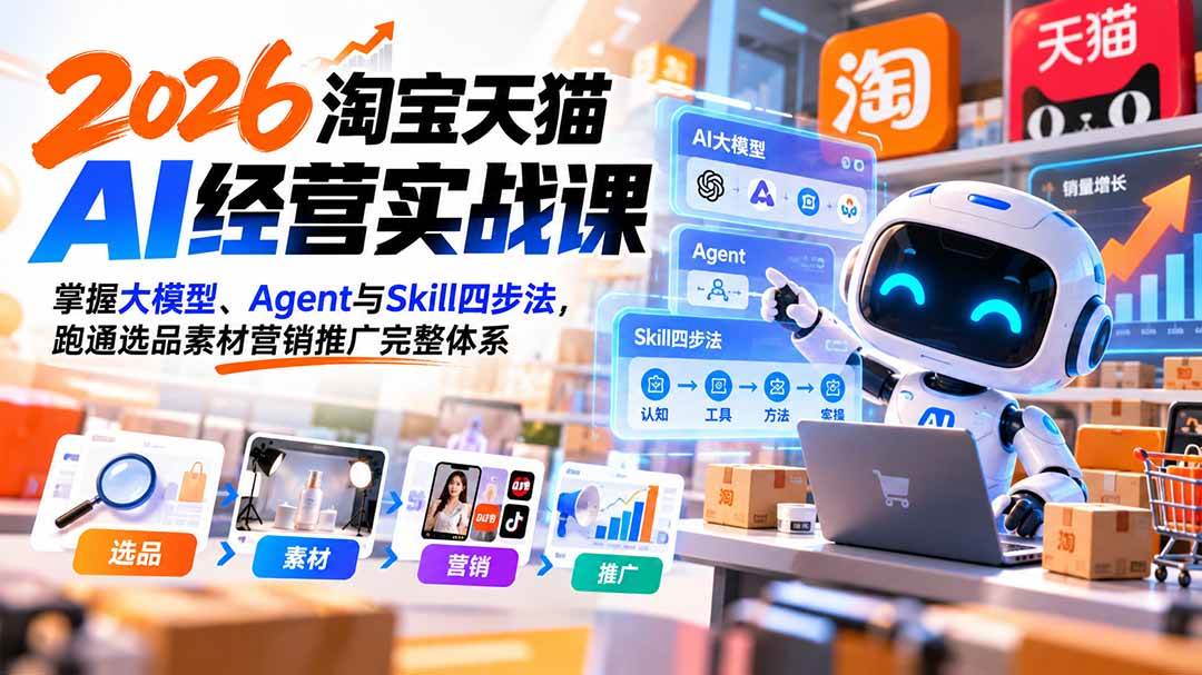 (20676期)【无水印】2026淘宝天猫AI经营实战课:掌握大模型、Agent与Skill四步法,跑通选品素材营销推广完整体系-泰戈创艺资源库