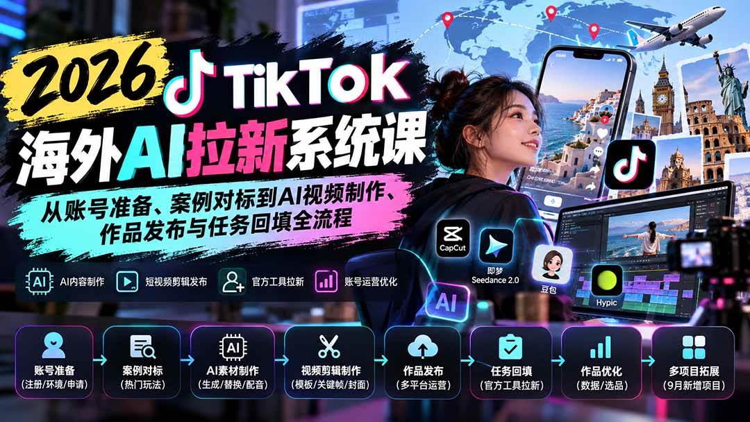 (20675期)【无水印】2026 TikTok海外AI拉新系统课:从账号准备、案例对标到AI视频制作、作品发布与任务回填全流程-泰戈创艺资源库