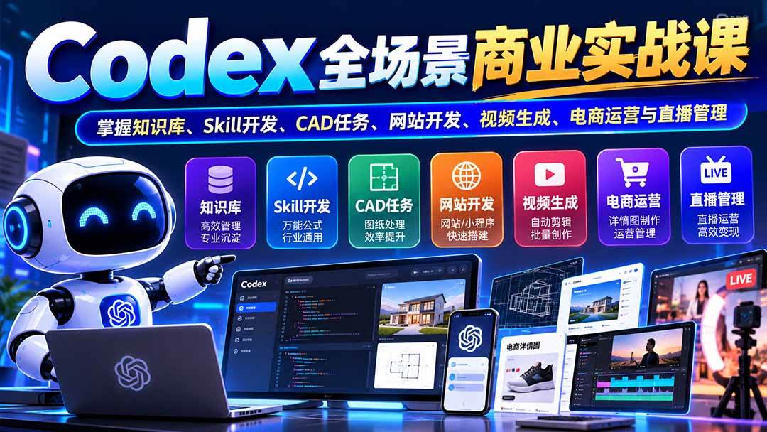 （20712期）【无水印】Codex全场景商业实战课：掌握知识库、Skill开发、CAD任务、网站开发、视频生成、电商运营与直播管理-泰戈创艺资源库