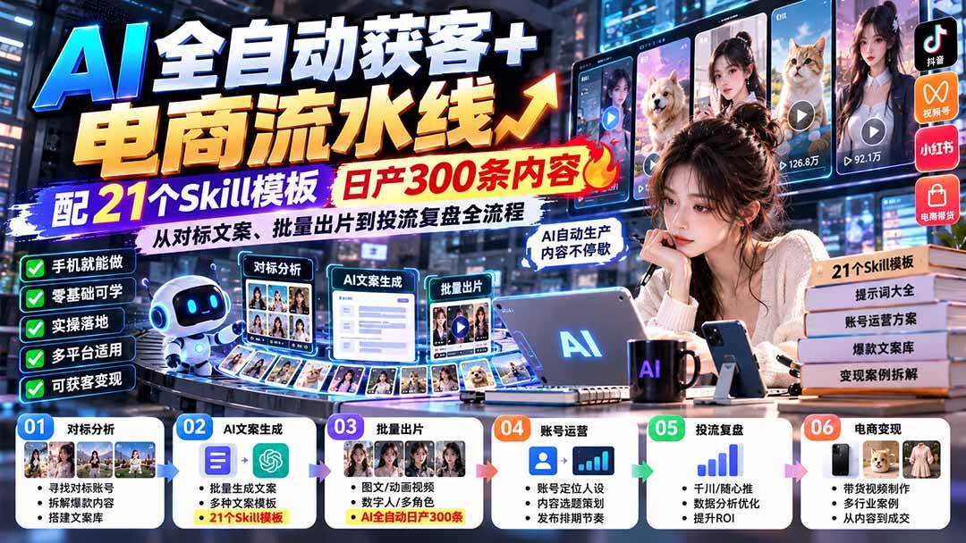 （20713期）【无水印】AI全自动获客+电商流水线-更新0929：配21个Skill模板，日产300条内容，从对标文案、批量出片到投流全流程-泰戈创艺资源库