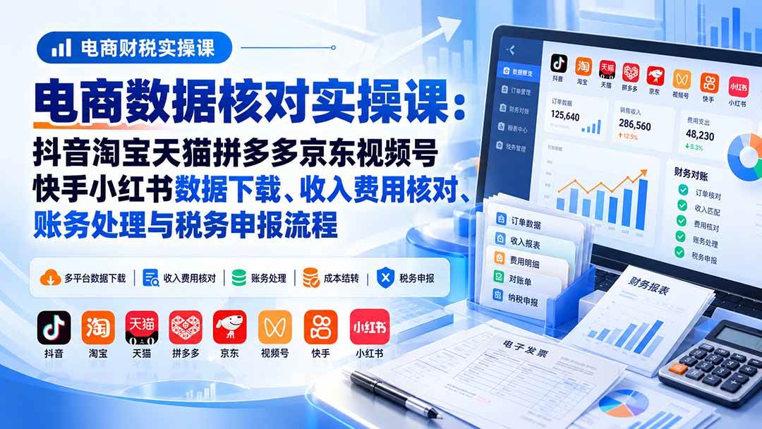 （20723期）电商数据核账实操课：抖音淘宝天猫拼多多京东视频号快手小红书数据下载、收入费用核对、账务处理与税务申报流程-泰戈创艺资源库