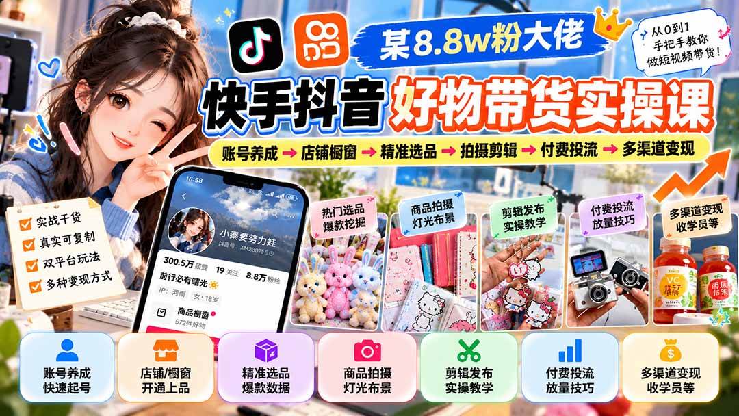 (20733期)某8.8w粉大佬快手抖音好物带货实操课:账号养成→店铺橱窗→精准选品→拍摄剪辑→付费投流→多渠道变现-泰戈创艺资源库