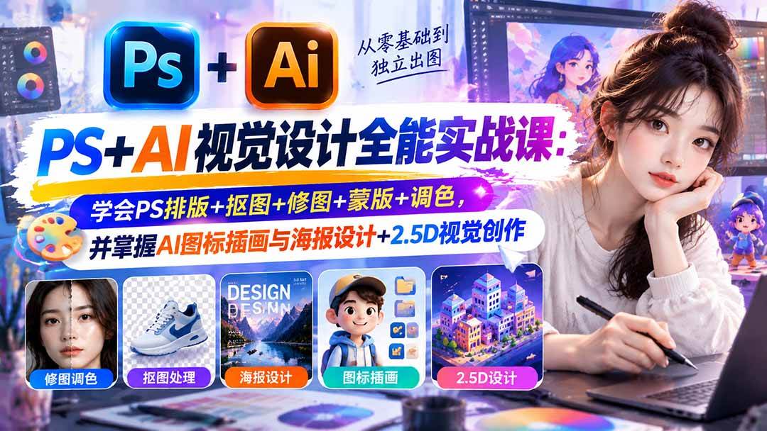 (20749期)【无水印】PS+AI视觉设计全能实战课:学会PS排版+抠图+修图+蒙版+调色,并掌握AI图标插画与海报设计+2.5D视觉创作-泰戈创艺资源库
