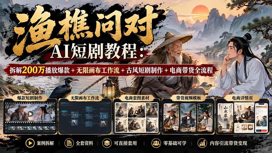 (20772期)【无水印】渔樵问对AI短剧教程:拆解200万播放爆款+无限画布工作流+古风短剧制作+电商带货全流程-泰戈创艺资源库