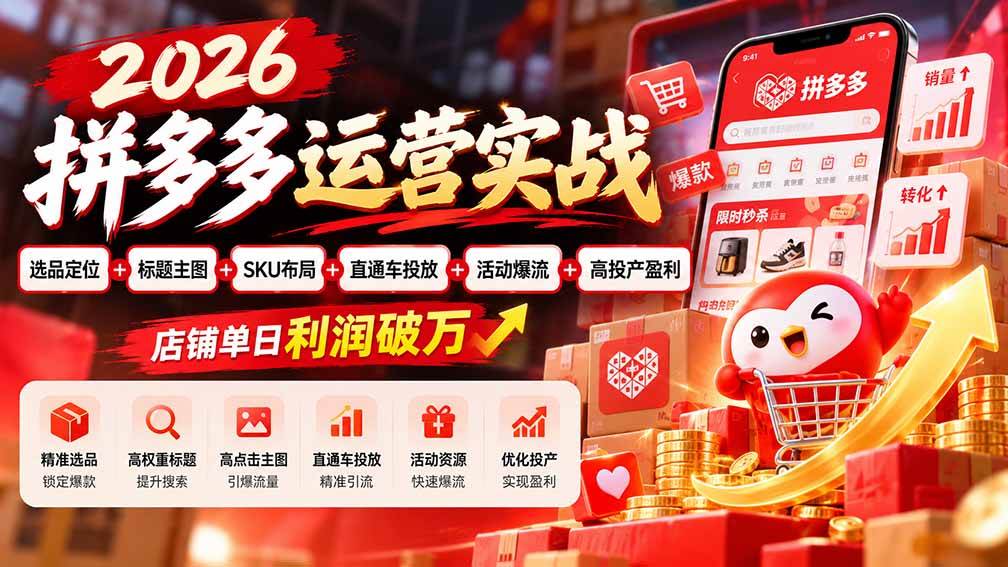 (20778期)2026拼多多运营实战-更新1002:选品定位+标题主图+SKU布局+直通车投放+活动爆流+高投产盈利 店铺单日利润破万-泰戈创艺资源库