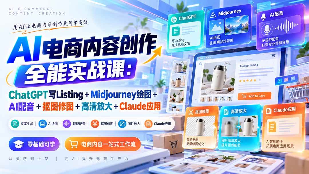 （20770期）【无水印】AI电商内容创作全能实战课：ChatGPT写Listing+Midjourney绘图+AI配音+抠图修图+高清放大+Claude应用-泰戈创艺资源库