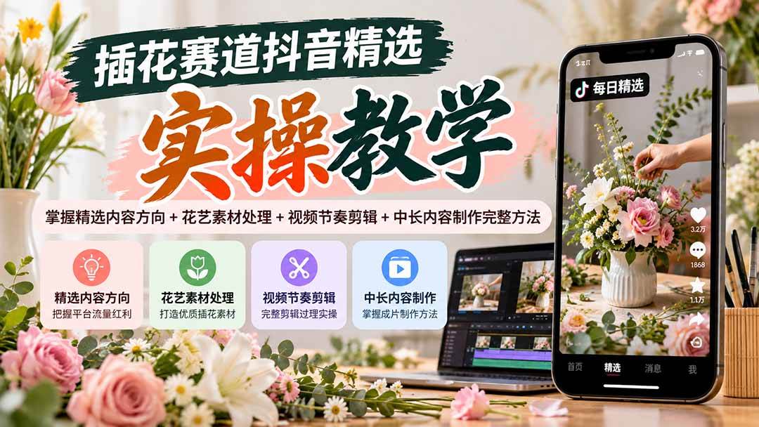 (20775期)插花赛道抖音精选实操教学:掌握精选内容方向+花艺素材处理+视频节奏剪辑+中长内容制作完整方法-泰戈创艺资源库