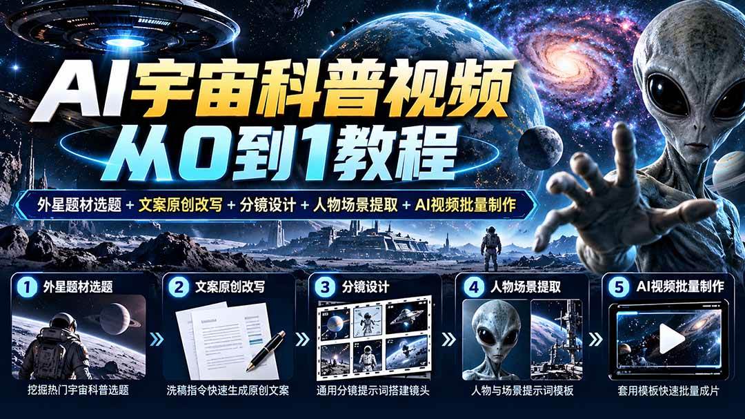 (20774期)AI宇宙科普视频从0到1教程|外星题材选题+文案原创改写+分镜设计+人物场景提取+AI视频批量制作-泰戈创艺资源库