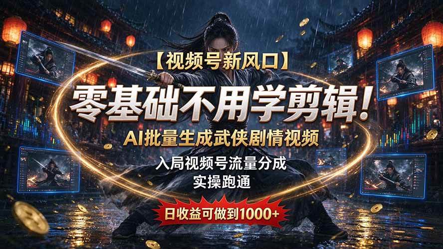 (20780期)【视频号新风口】零基础不用学剪辑!AI 批量生成武侠剧情视频,入局视频号流量分成,实操跑通,日收益可做到 1000+-泰戈创艺资源库