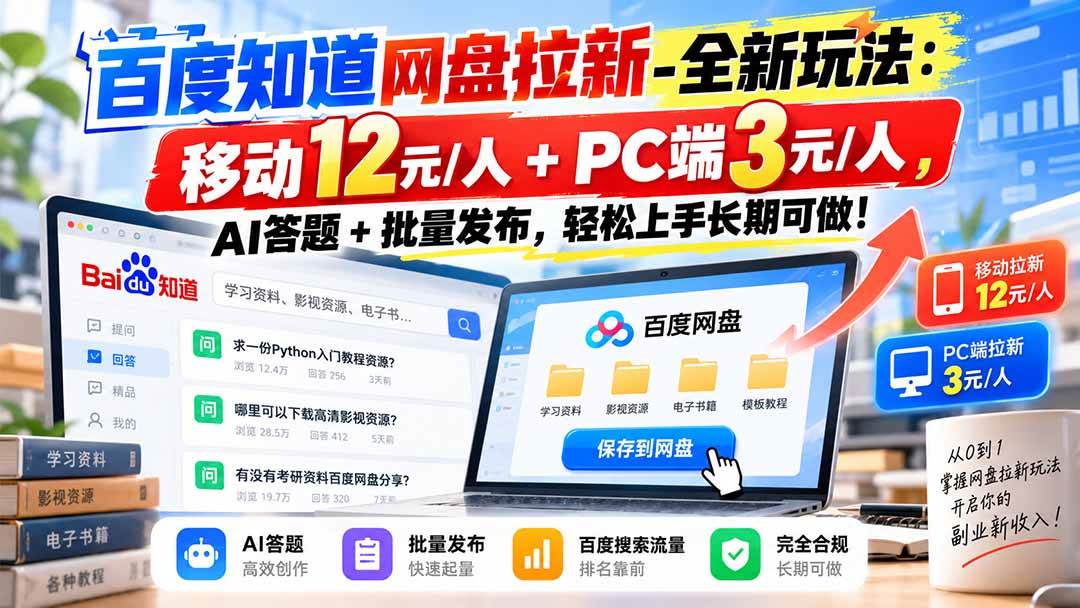 (20794期)百度知道网盘拉新-全新玩法:移动12元/人+PC端3元/人,AI答题+批量发布,轻松上手长期可做!-泰戈创艺资源库