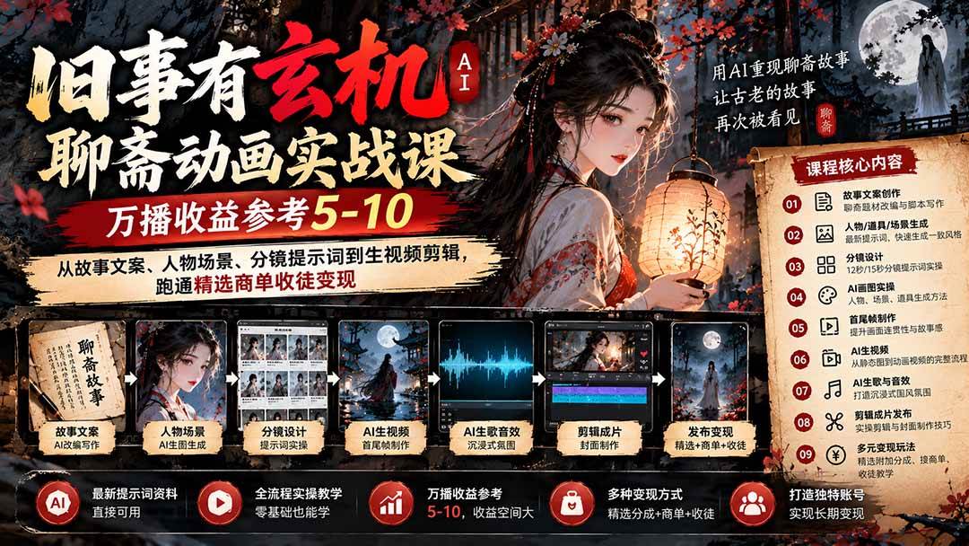 (20789期)旧事有玄机AI聊斋动画实战9月新课:万播收益参考5-10,从故事文案、人物场景到分镜生视频,跑通精选商单收徒-泰戈创艺资源库