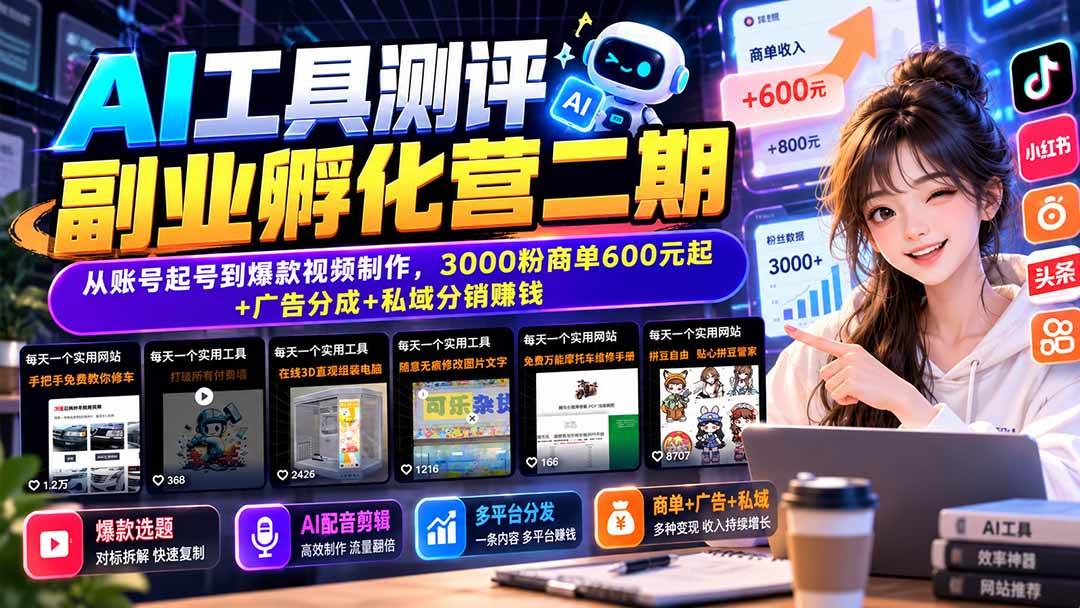 （20799期）AI工具测评副业孵化营二期：从账号起号到爆款视频制作，3000粉商单600元起+广告分成+私域分销赚钱-泰戈创艺资源库