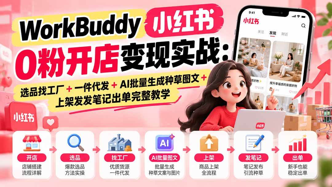（20801期）WorkBuddy小红书0粉开店变现实战：选品找工厂+一件代发+AI批量生成种草图文+上架发发笔记出单完整教学-泰戈创艺资源库