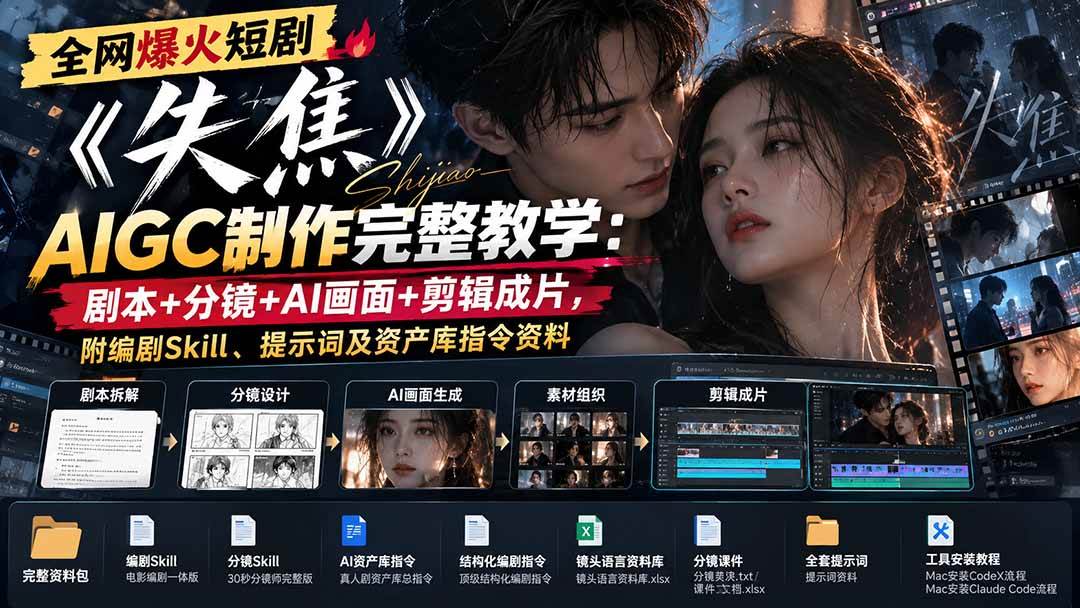 （20805期）全网爆火短剧《失焦》AIGC制作完整教学：剧本+分镜+AI画面+剪辑成片，附编剧Skill、提示词及资产库指令资料-泰戈创艺资源库