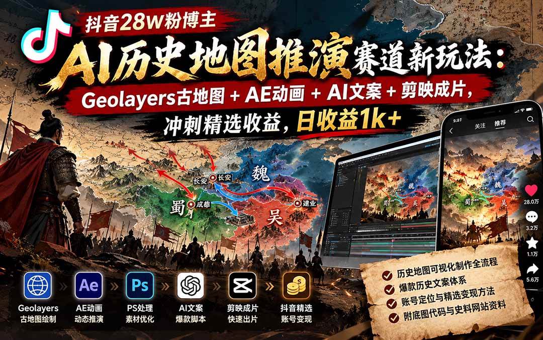 （20809期）抖音28W粉博主AI历史地图推演赛道新玩法：Geolayers古地图+AE动画+AI文案+剪映成片，冲刺精选收益，日收益1k+-泰戈创艺资源库