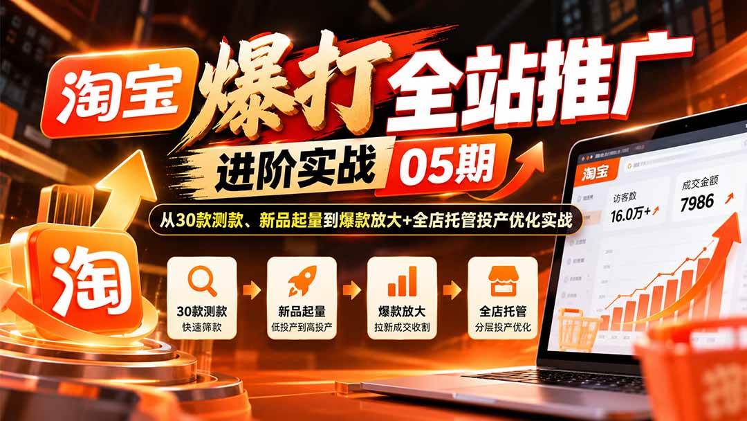 (20817期)淘宝爆打全站推广进阶实战05期:从30款测款、新品起量到爆款放大+全店托管投产优化实战-泰戈创艺资源库