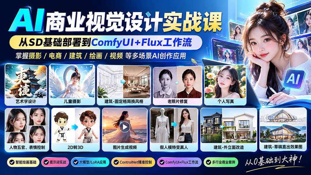 （20824期）【无水印】AI商业视觉设计实战课：从SD基础部署到ComfyUI+Flux工作流，掌握摄影电商建筑AI创作-泰戈创艺资源库