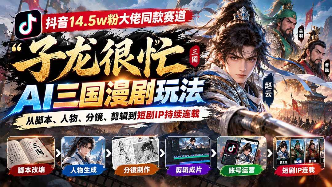 （20818期）抖音14.5w粉大佬同款赛道「子龙很忙」AI三国漫剧玩法：从脚本、人物、分镜、剪辑到短剧IP持续连载-泰戈创艺资源库